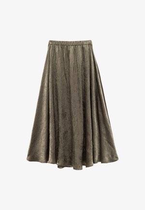 En knælang, olivengrøn nederdel med et struktureret, krøllet stof, der har en elastisk talje og en svungen silhuet.