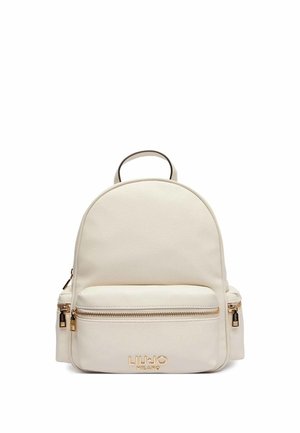 Zaino in pelle color crema con cerniere dorate e "LIU JO MILANO" impresso in oro sulla tasca frontale, su sfondo bianco.
