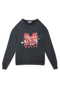 Donkergrijze sweatshirt met een afbeelding van "Minnie MOUSE" in het rood, omringd door cartoonfiguren en tennisaccessoires. Ribgebreide boorden en zoom.