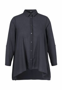 Donkerblauw, langemouwen shirt met een knoopsluiting aan de voorkant, kraag en ronde zoom. Gemaakt van lichte stof met een zachte textuur.