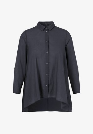 Donkerblauw, langemouwen shirt met een knoopsluiting aan de voorkant, kraag en ronde zoom. Gemaakt van lichte stof met een zachte textuur.