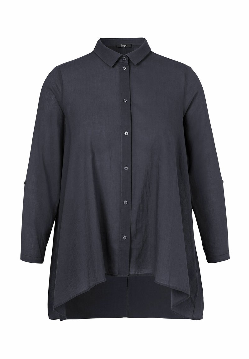 Donkerblauw, langemouwen shirt met een knoopsluiting aan de voorkant, kraag en ronde zoom. Gemaakt van lichte stof met een zachte textuur.