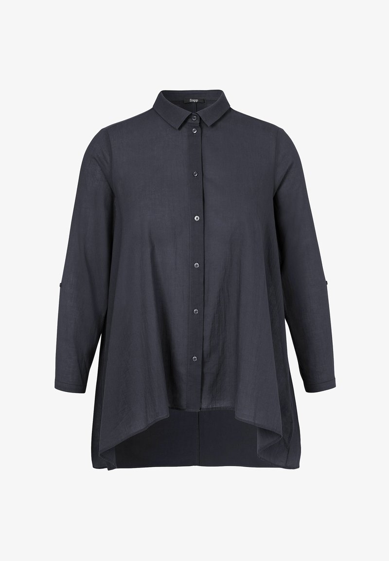 Donkerblauw, langemouwen shirt met een knoopsluiting aan de voorkant, kraag en ronde zoom. Gemaakt van lichte stof met een zachte textuur.