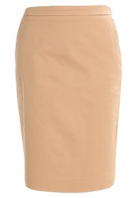 Beige blyertkjol i slätt tyg, med rak silhuett, knälång design och en ren fåll med minimal sömnad.