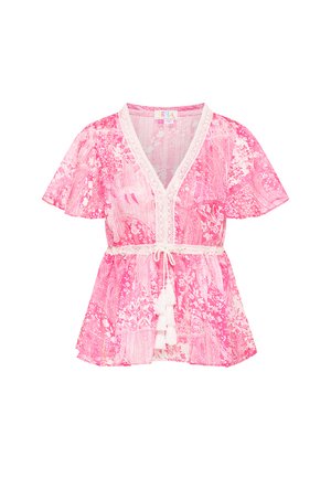 Růžová blůza s volnými rukávy a paisley vzorem, s výstřihem do V, stahovací pas a krémovou krajkovou lemovkou. Obsahuje střapcové akcenty na lemu.
