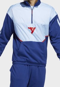 Sweat-shirt zippé bleu et bleu clair avec un logo rouge, manches longues, col montant et une poche avant. Confectionné dans un tissu doux.