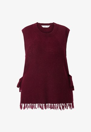 Burgunderfarbenes gestricktes ärmelloses Oberteil mit Rippstruktur, seitlichen Bändern und Fransen-Saumdetails. Rundhalsausschnitt und entspannte Passform.