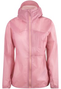 Růžová voděodolná bunda s kapucí, s plným předním zipem, lehkou texturou a náprsní kapsou pro uložení věcí.