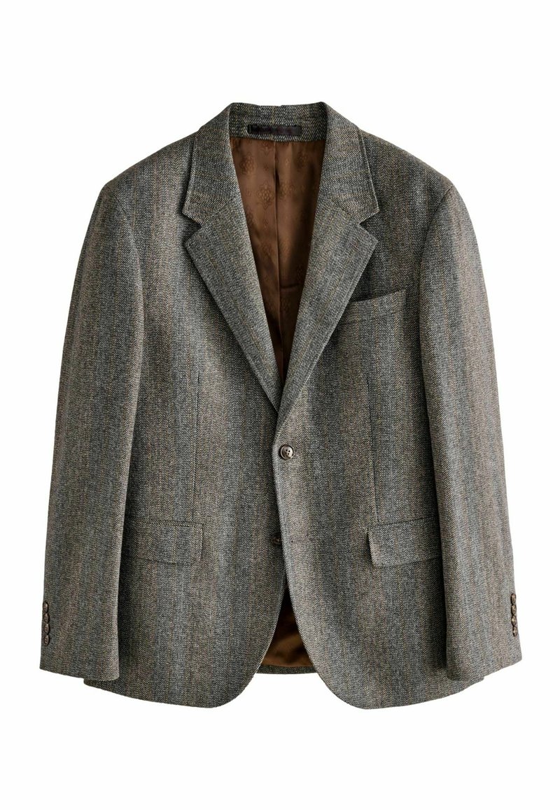 Tweed blazer in gray with a subtle herringbone pattern, single-button closure, notched lapels, and two front pockets, lined in brown.