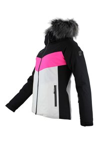 Giacca invernale multicolore con corpo nero, pannello centrale rosa, parte inferiore bianca, cappuccio foderato in pelliccia e tasche con zip.