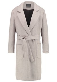 Lichtgrijze wollenblend jas met een geklemd kraag, lange mouwen, twee voorzakken en een strikceintuur, met een gestructureerde zwarte voering.
