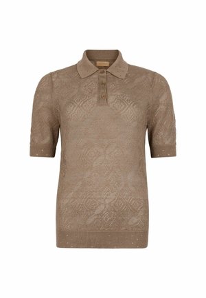 Tan gebreide polo met korte mouwen, met een gestructureerd geometrisch patroon, een drieknoopssluiting en een ribgebreide kraag en manchetten.