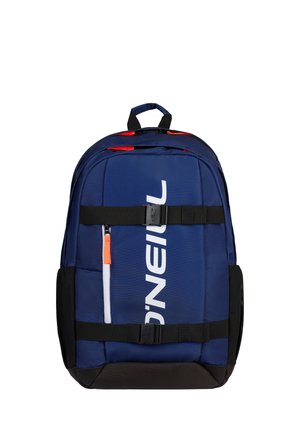 Navy blue and black backpack with white vertical logo, orange zipper pull, two black horizontal straps with buckles, and a top handle.