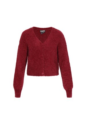 Punainen neulepaita, jossa on V-niskakaulus, pitkät hihat ja nappikiinnitys. Teksturoitu kangas, joka näyttää mukavalta, ja lyhyt mitoitus.