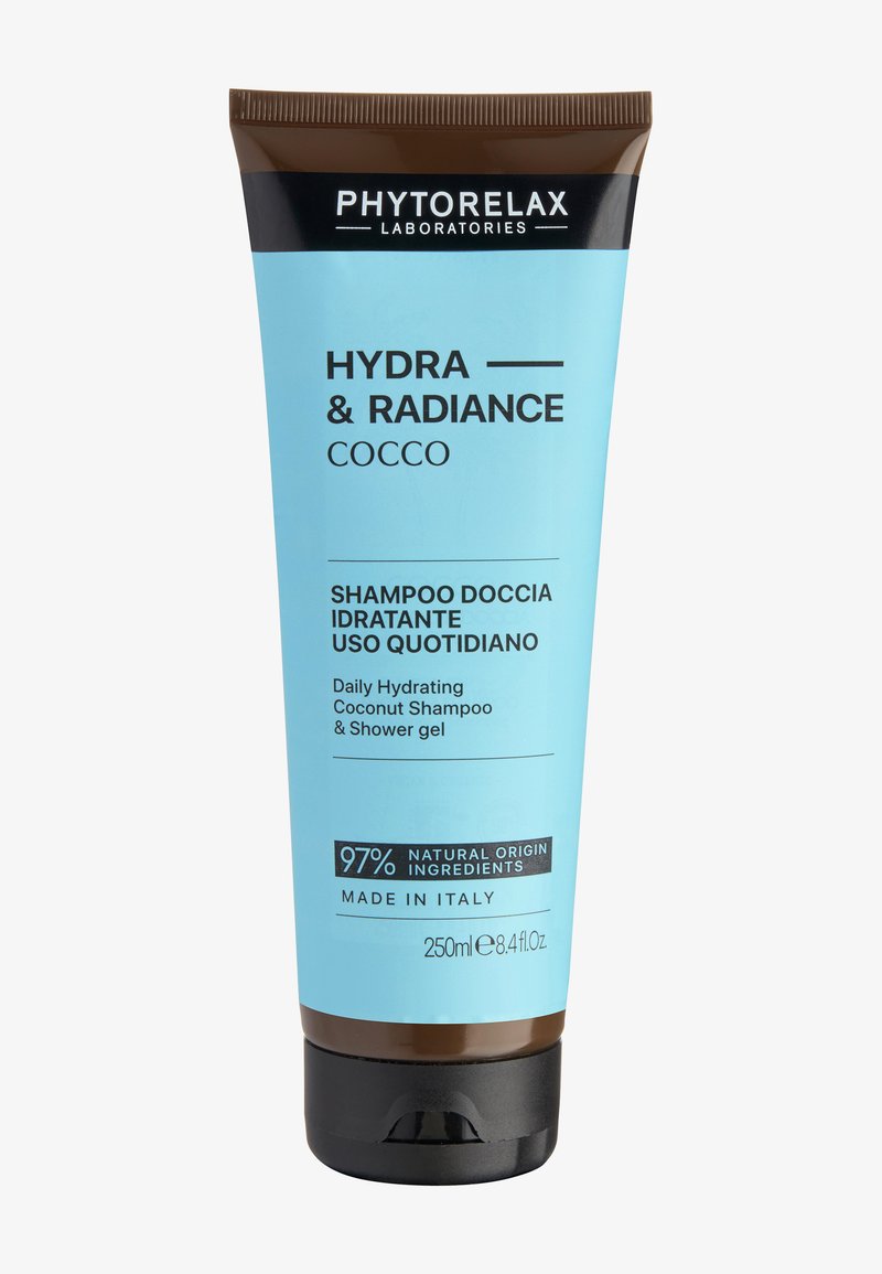 Shampooing et gel douche à la noix de coco Phytorelax Laboratories Hydra & Radiance en tube bleu et marron de 250 ml, 97 % d'ingrédients naturels.