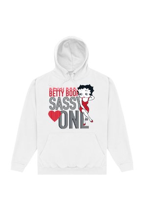 Biała bluza z kapturem z grafiką Betty Boop w czerwonej sukience. Napis brzmi "BETTY BOOP SASSY LOVE". Zawiera przednią kieszeń i regulowany kaptur.