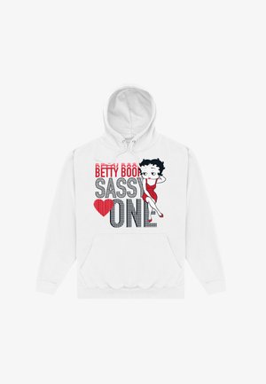 Biała bluza z kapturem z grafiką Betty Boop w czerwonej sukience. Napis brzmi "BETTY BOOP SASSY LOVE". Zawiera przednią kieszeń i regulowany kaptur.
