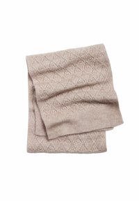 Beiger Strickschal mit einem strukturierten Rautenmuster und gerippten Kanten. Weiches, flexibles Material. Rechteckige Form, ordentlich gefaltet.