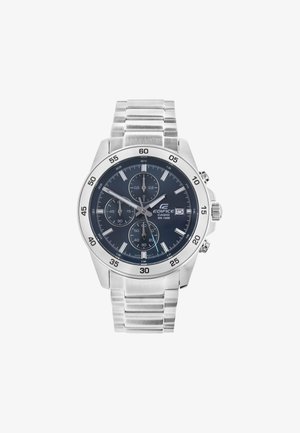 Silver stainless steel watch with a round dark blue dial, three subdials, chrome accents, and a link bracelet. Water-resistant to 100m.