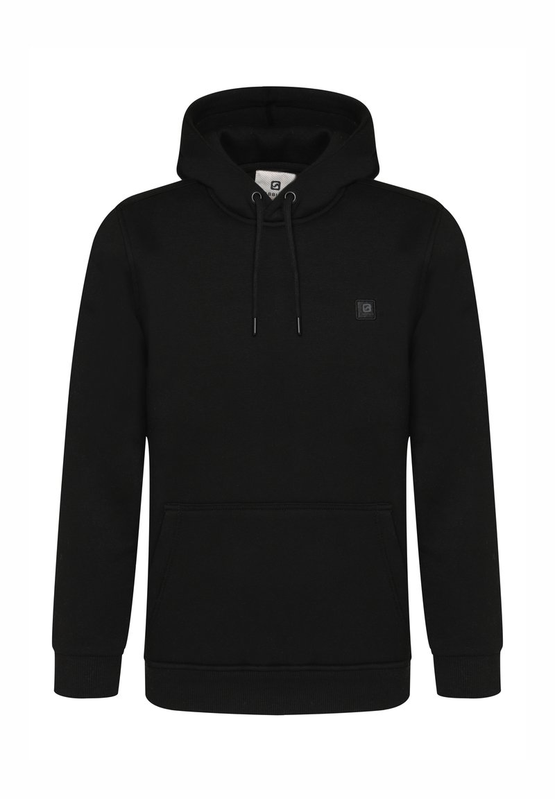 Schwarzer Kapuzenpullover aus weichem Material, mit einer Fronttasche, einer Kordelzugkapuze und einem kleinen Logo-Patch auf der Brust.