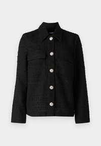 Jachetă neagră texturată cu guler, două buzunare frontale și șase butoane decorative în formă de floare, de culoare argintie, pe centru.