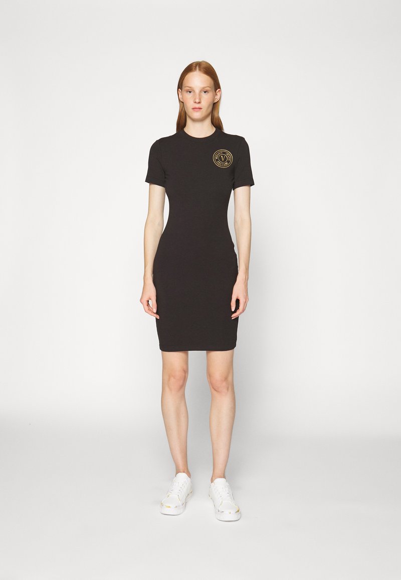 slim fit dress slacks Sequence Black Game Day Dress with Gold Graphic Design Football and Lettering