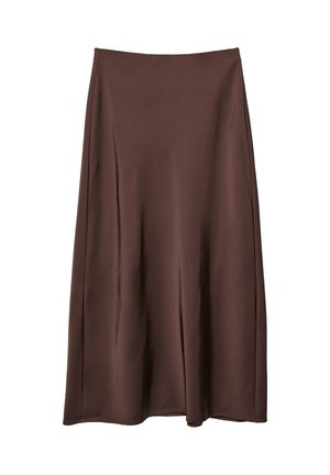 Gonna midi in satin marrone con una texture liscia, forma a A e una caduta sottile, caratterizzata da una vita semplice e senza motivi o dettagli visibili.