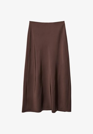 Brun satin midi nederdel med en glat tekstur, A-linjeform og et subtilt drapering, der har et enkelt taljestykke og ingen synlige mønstre eller detaljer.