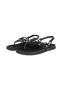 Black sandals with thonged design, featuring braided straps and gold-tone accents. Flat soles with textured edges, adjustable back strap.