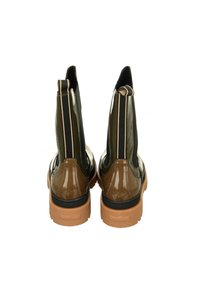 Green and brown ankle boots with patent leather finish, elastic side panels, and visible stitching, featuring a brown rubber sole.