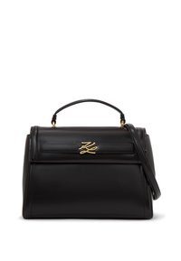 Borsa a mano in pelle nera con una forma strutturata, caratterizzata da un accento logo in tonalità oro, manico superiore e tracolla removibile.