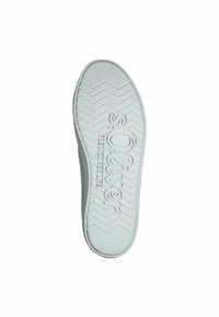 Weiße Gummisohle für Schuhe mit einem Fischgrätenprofil, erhabenem Branding und glatten Kanten sowie einem abgerundeten Zehenbereich.