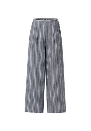 Pantalon taille haute à jambes larges avec des rayures verticales bleu marine et blanches, doté d'un détail de lien sur le côté à la taille.
