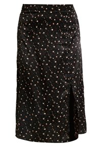 Černá květinová sukně s jemnou texturou, bočním rozparkem a knoflíkovými detaily vpředu, zdobená malými růžovými a bílými květy.