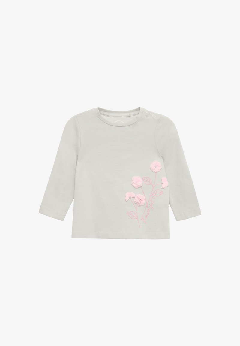 Light gray long-sleeve baby shirt with pink 3D flower appliques and embroidered stems and leaves on the front right side.