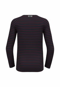 Marineblaues Langarmshirt mit roten horizontalen Streifen. Verfügt über einen runden Ausschnitt und eine gerippte Textur. Etikett sichtbar auf der Rückseite.