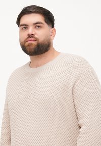 Světlý béžový pletený svetr s texturovaným diamantovým vzorem, žebrovaným výstřihem a dlouhými rukávy, který má volný střih a měkkou látku.