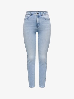 Helesinised, kõrge vöötme ja kitsaste säärega teksad denimkangast, millel on viis taskut, ees nööpidega sulgemine ja minimaalsed õmblused.