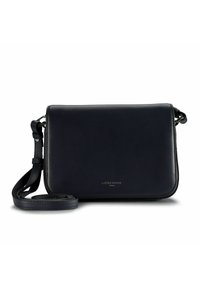 Borsa a tracolla nera in pelle con una superficie liscia, forma rettangolare, tracolla regolabile e accessori in argento con il logo del marchio.