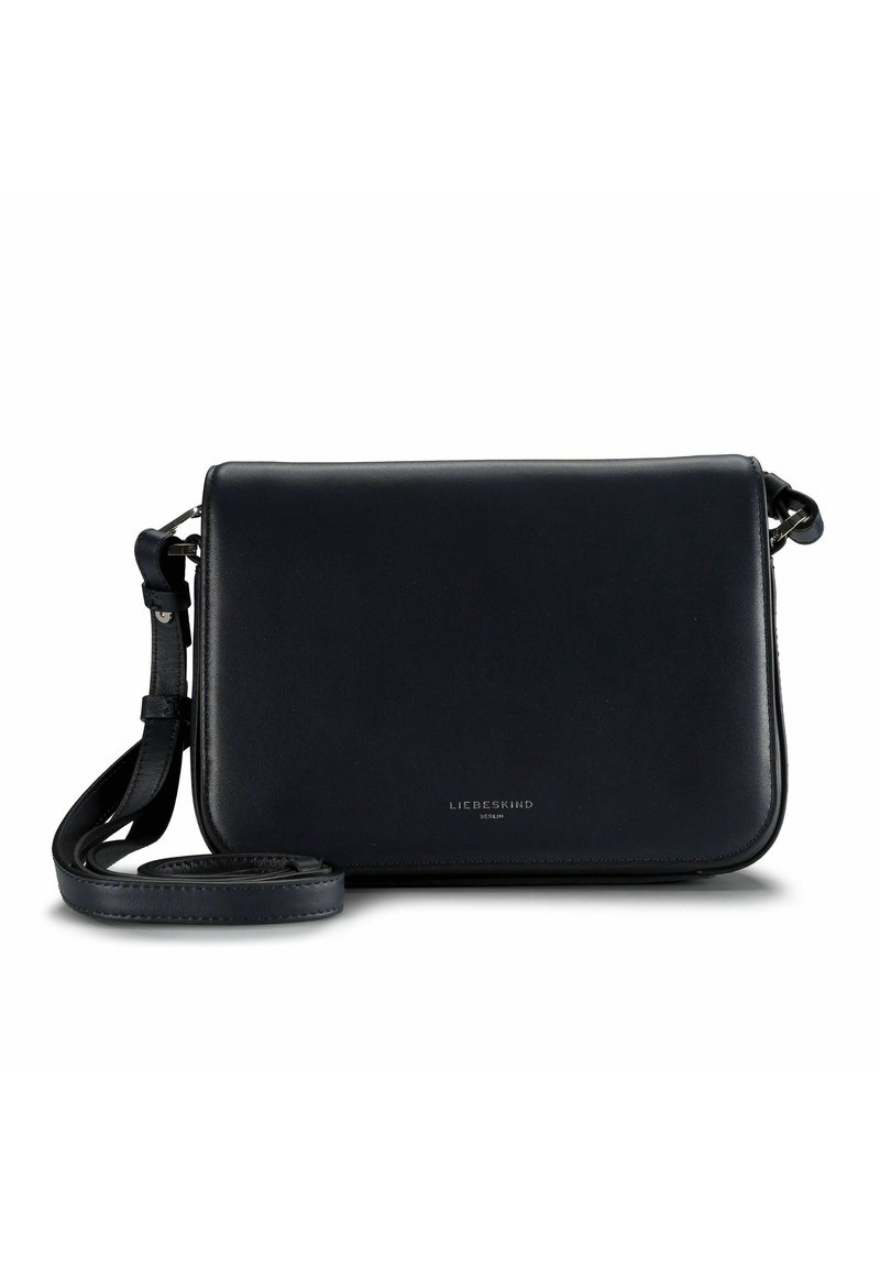 Borsa a tracolla nera in pelle con una superficie liscia, forma rettangolare, tracolla regolabile e accessori in argento con il logo del marchio.
