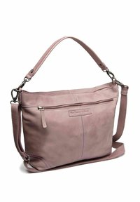 Borsa a spalla in morbido pelle mauve con tracolla regolabile, tasca frontale con zip e patch del marchio discreto su superficie liscia e textured.