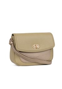 Borsa a tracolla in pelle verde chiaro e taupe, dotata di chiusura a scatto magnetico e una tracolla staccabile. Superficie testurizzata con accenti delicati.