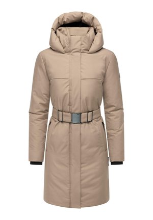 Béžový prešívaný kabát s kapucňou, opaskom v páse, bočnými vreckami a kontrastnými čiernymi manžetami. Hladká textura s čistým, minimalistickým dizajnom.