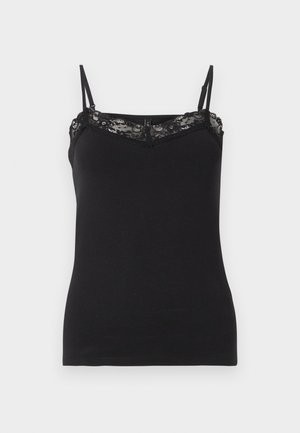 Fekete pántos felső, vékony állítható pántokkal, csipkés díszítéssel a dekoltázs mentén. Puha anyag, testhezálló forma, sima textúra.