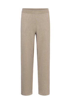 Pantalon beige à texture douce avec une taille élastique, coupe droite, sans coutures visibles, adapté pour une tenue décontractée.