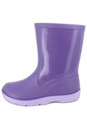 Botte de pluie en caoutchouc violette mi-mollet avec une semelle violet clair, surface lisse et bout arrondi.
