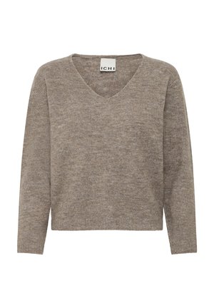 Brun v-ringad tröja med långa ärmar. Mjuk, texturerad tyg med en avslappnad passform och en enkel design. Etiketten visar "ICHI" vid halsringningen.