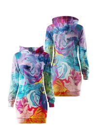 Kapuzenkleid mit einem wirbelnden, mehrfarbigen Muster in Pink, Blau, Gelb und Grün; verfügt über lange Ärmel und ein lässiges Design.