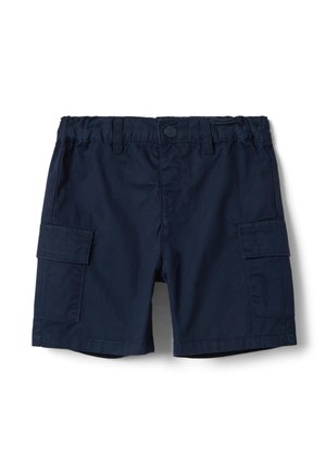 Pantalones cortos tipo cargo azul marino para niños pequeños, con cintura elástica, botón frontal, trabillas para cinturón y dos bolsillos con solapa en los lados.