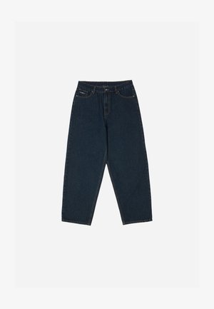Dunkelblaue, hochgeschnittene Jeans mit lockerer Passform, ausgestattet mit fünf Taschen und einem Knopfverschluss. Hergestellt aus Denim mit glatter Textur.